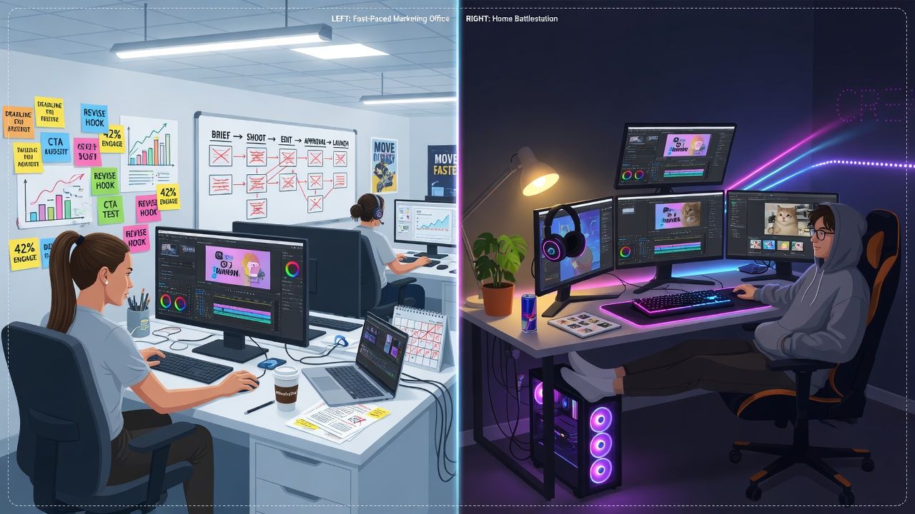 Split-screen illustration comparing fast-paced marketing office editing video with sticky notes on left and relaxed home battlestation with RGB lighting on right