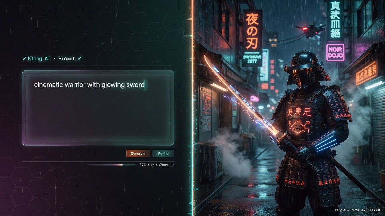 Split-screen showing a text prompt on the left and a generated cinematic video frame on the right - search "AI video generation interface
