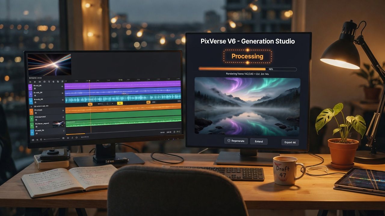 Creator's workspace with dual monitors showing video editing timeline and PixVerse V6 AI generation interface under warm studio lighting for review blog post