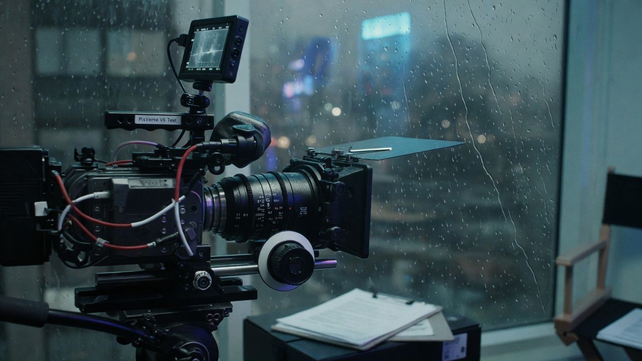 Professional film camera rig pointed at a rain-streaked window with moody cinematic color grade for a PixVerse V6 video generation review