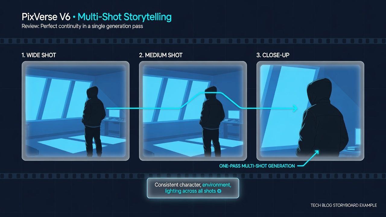 Storyboard-style infographic showing three sequential film frames: wide shot, medium shot, and close-up of same character with consistent environment and lighting connected by cyan arrows to illustrate PixVerse V6 multi-shot continuity