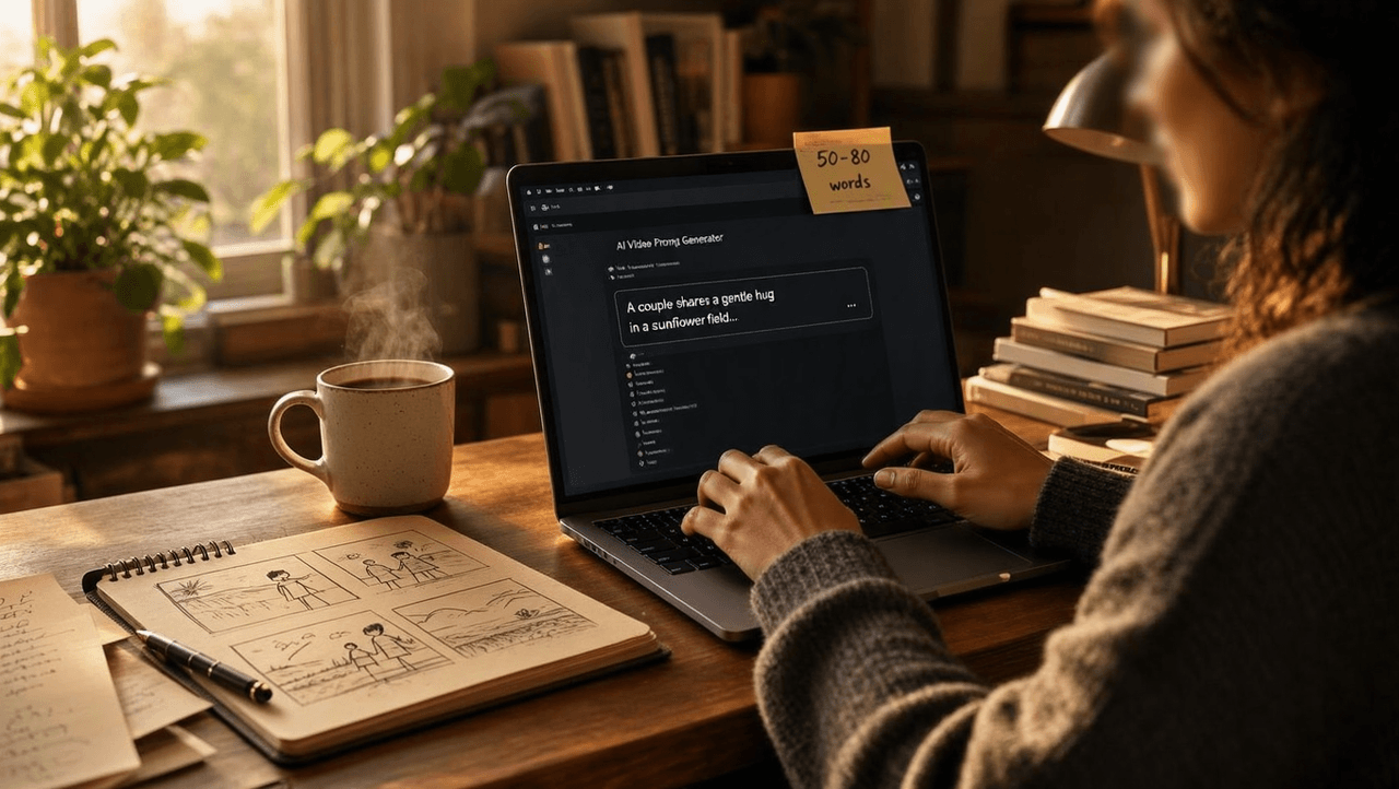 Creator typing a short video prompt into a laptop with storyboard sketchpad and coffee on a desk under morning window light