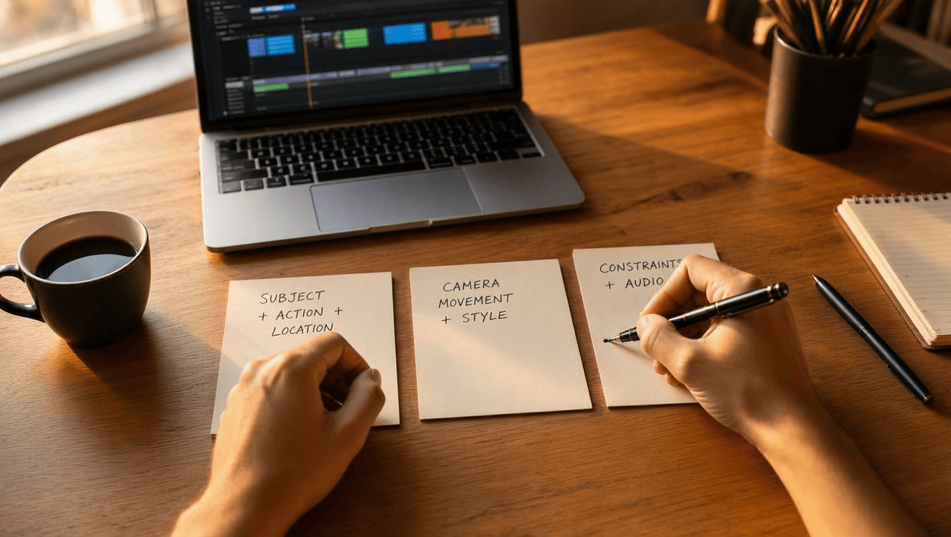 Overhead flat lay of three handwritten index cards labeled subject action location camera movement style and constraints audio with laptop showing video timeline in background