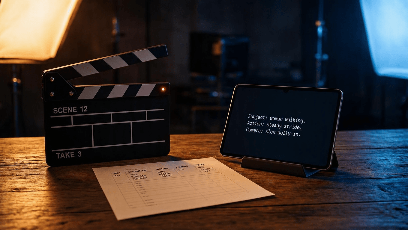 A clapperboard and tablet on a desk showing a short three-line video prompt with studio softbox lighting in background professional photography style