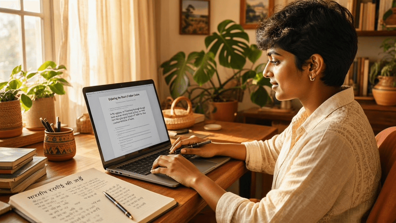Young creator working on laptop in Indian home office with handwritten Hindi notes and English prompt draft on screen for PixVerse AI video generation