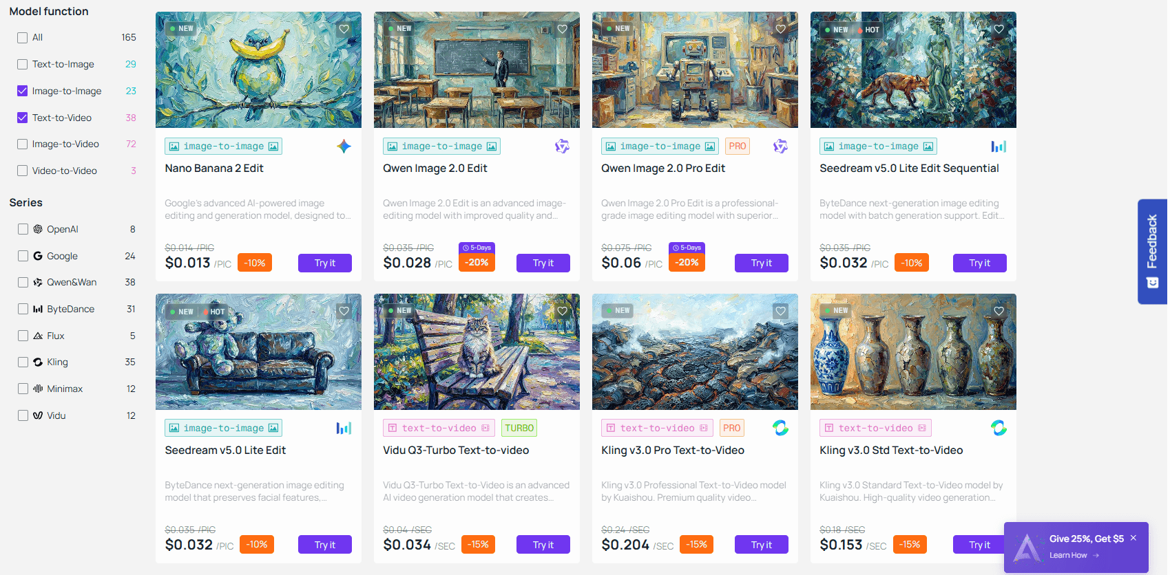 Atlas Cloud offers 110 different models for text-to-video and image-to-video