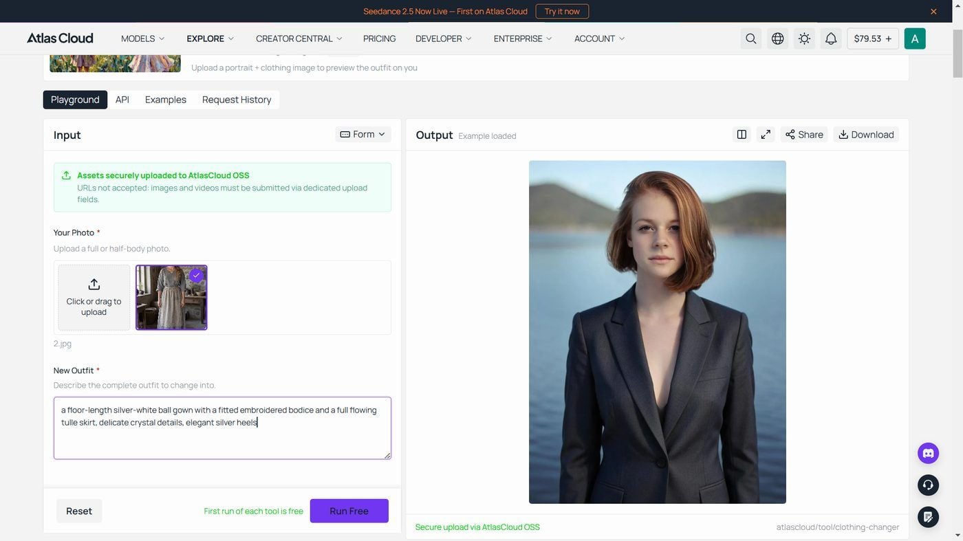 The Atlas Cloud free AI clothes changer interface, showing an uploaded photo, an outfit description typed into the New Outfit field, and the swapped result in the Output panel.