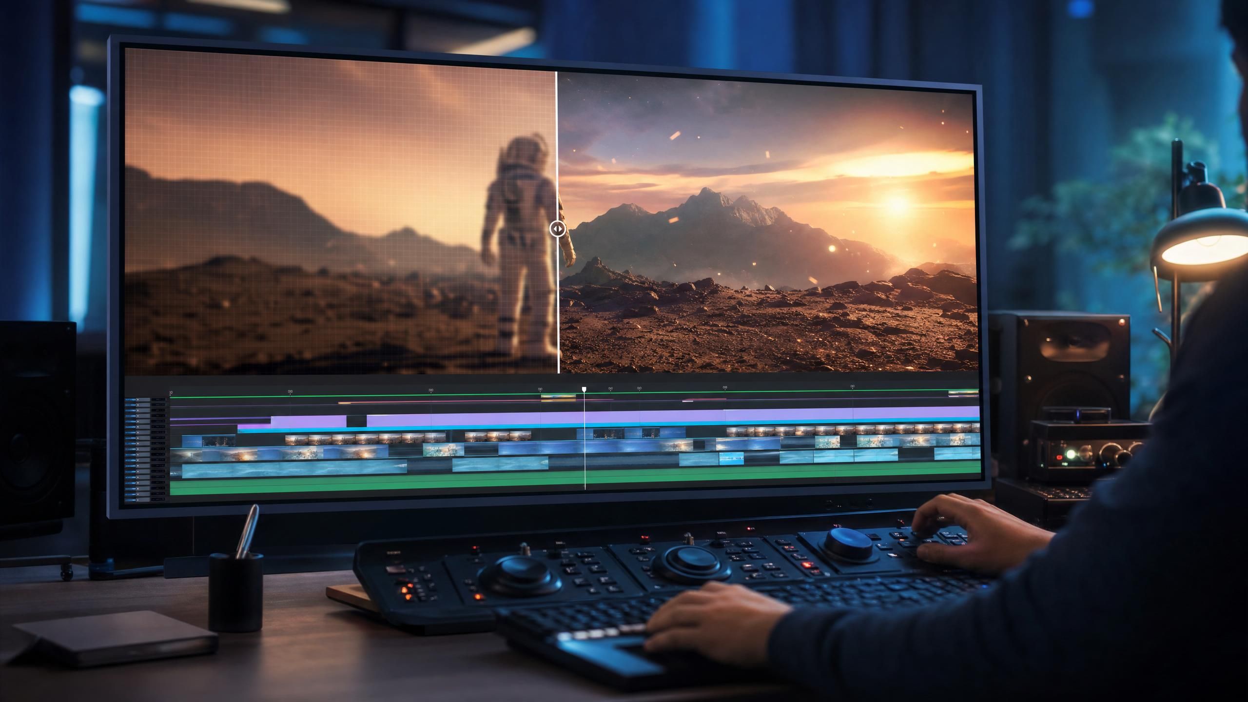 a vibrant film frame on an editing timeline with multiple stacked layers and keyframes