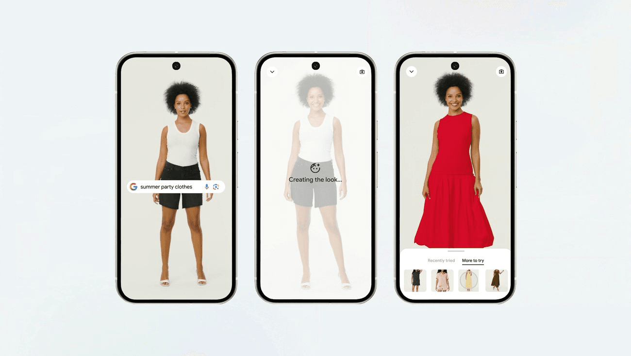 Three phone screens from Google's try-on feature: a woman's full-length photo in a white tank top, the app creating the look, and the same woman shown in a red sleeveless dress with product thumbnails below.