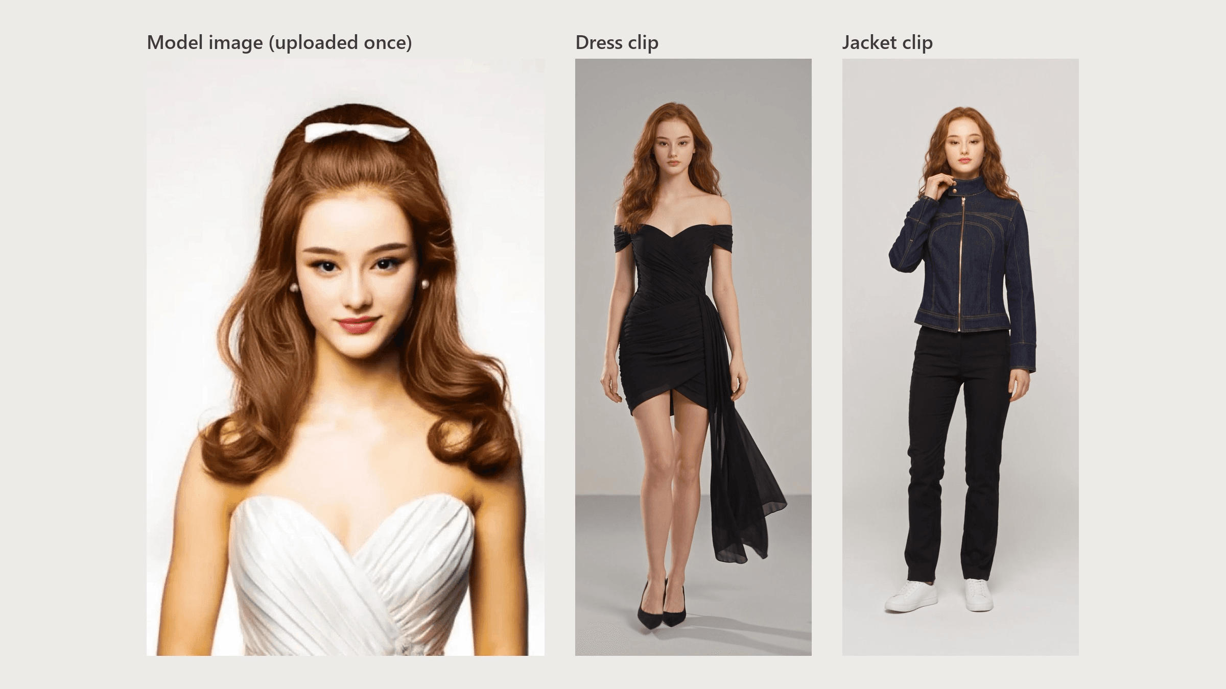 One uploaded model photo of a woman with long auburn hair next to two Try-on Video frames of the same woman, one in a black off-the-shoulder dress and one in a dark indigo denim jacket with black trousers.