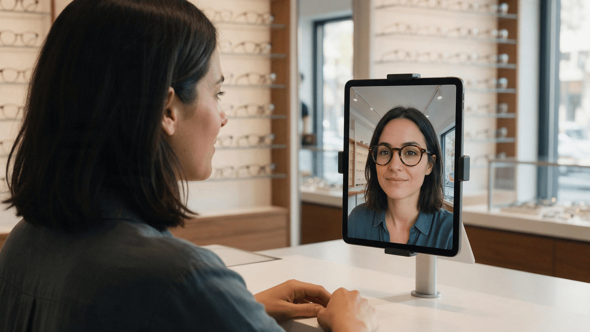 AR virtual fitting room in an eyewear boutique: a woman with shoulder-length dark hair, seen from behind her shoulder, faces a tablet on a stand that shows her own face wearing virtual round tortoiseshell glasses she isn't wearing in real life.
