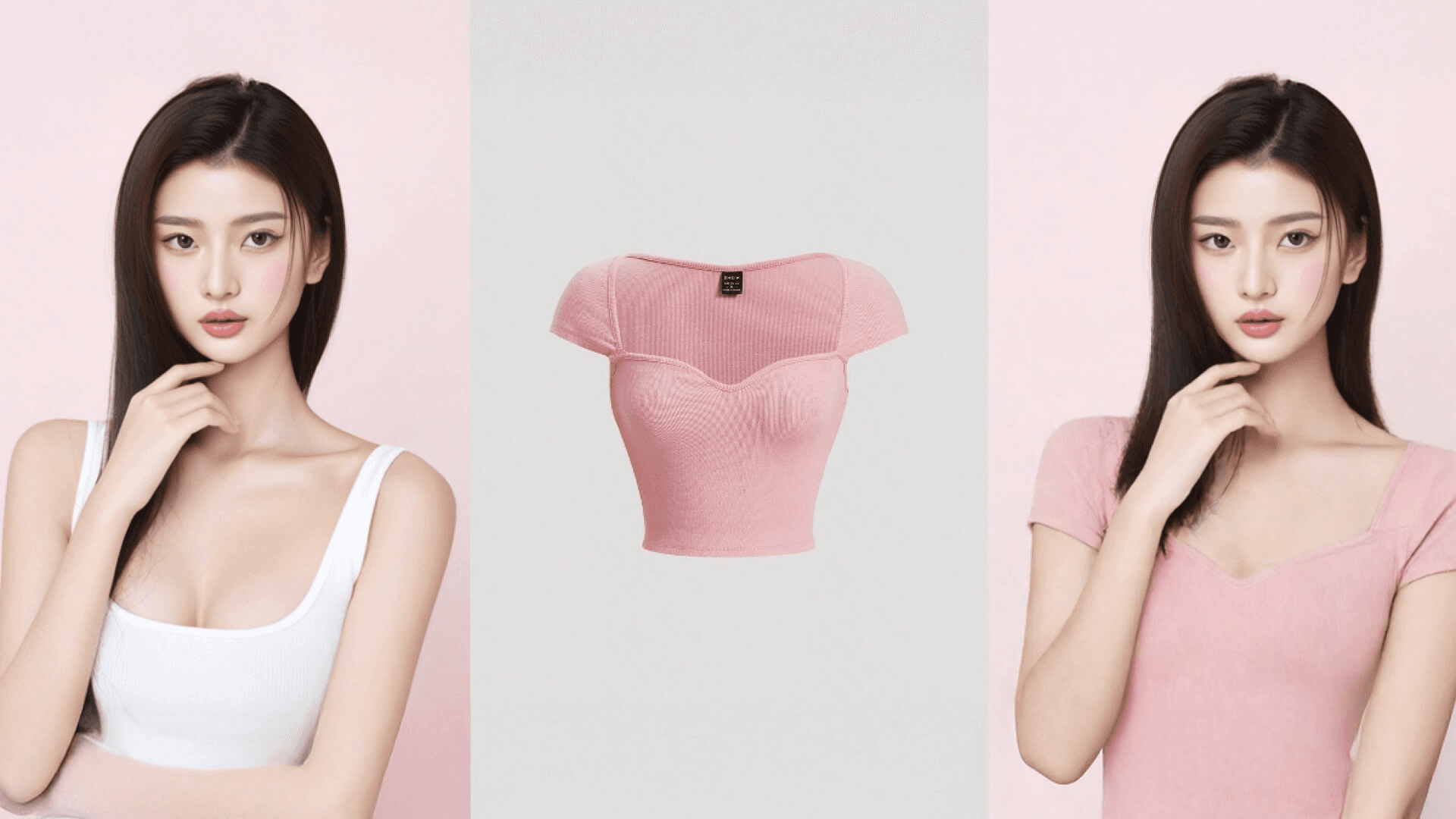 Kling virtual try on example: a woman in a white tank top, a pink short-sleeve knit top on its own, and the same woman wearing the pink top in the result.