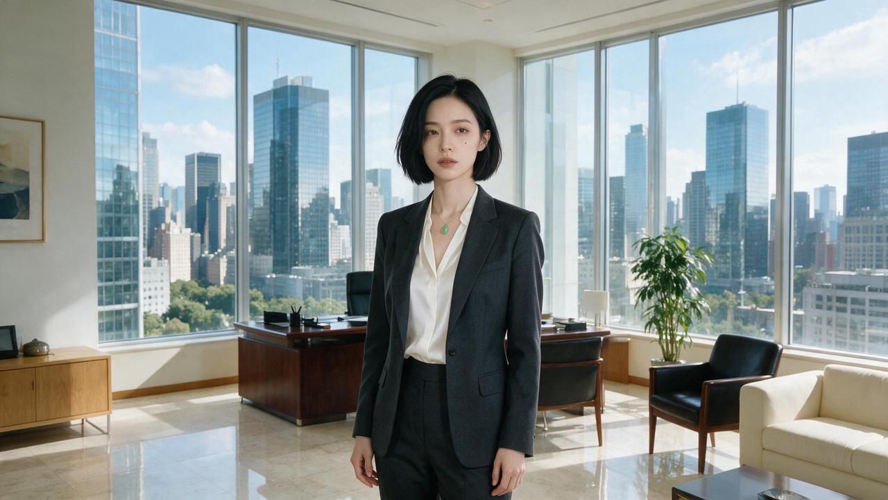 The character block rendered as a single 9:16 Seedream 5.0 Pro portrait: chin-length black bob, small mole under the left eye, thin jade pendant, charcoal suit over a white silk blouse, warm key light from the left.