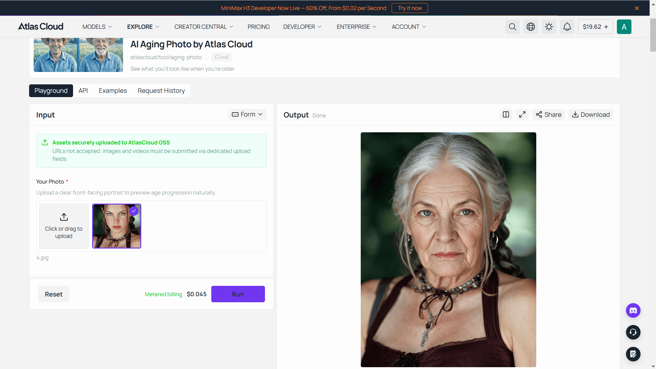 Atlas Cloud free AI age progression tool result screen showing the uploaded selfie beside the generated older portrait with the download button.