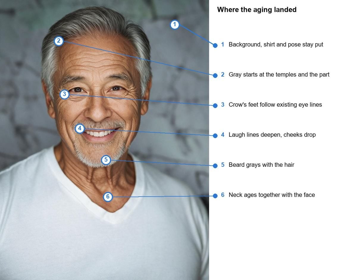 Annotated AI age progression result of a silver-haired man with six numbered markers showing unchanged background, gray at the temples, crow's feet, deeper laugh lines, a graying beard and an aged neck.