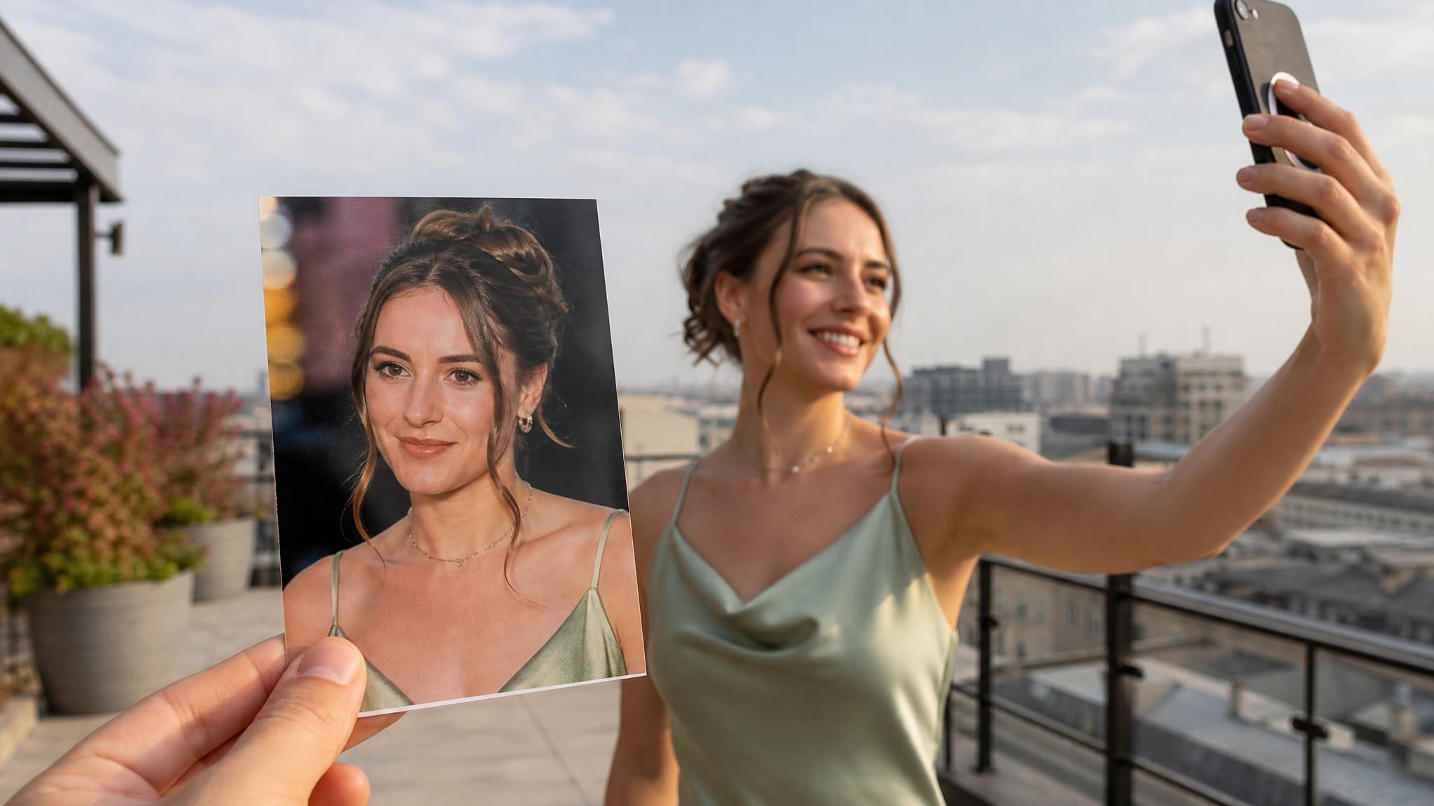 Hand holding a printed posed portrait in the foreground while the same person, in the same outfit, takes an arm's-length phone selfie in daylight behind it, showing how AI dating profile pictures turn one existing photo into a natural selfie