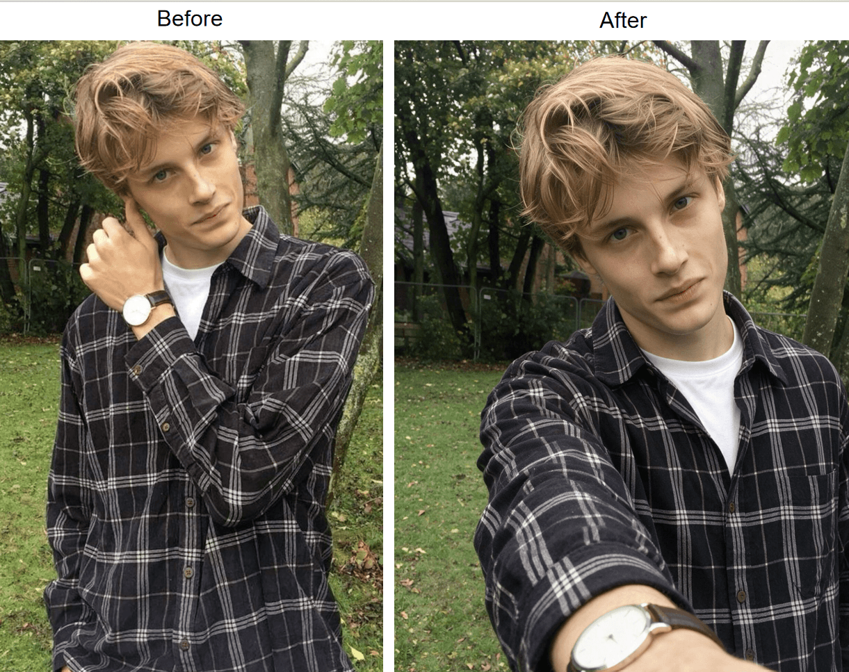Before and after from the Atlas Cloud AI selfie generator: a portrait taken by someone else on the left, and the same person re-rendered as an arm's-length phone selfie with the same face, hair and clothes on the right