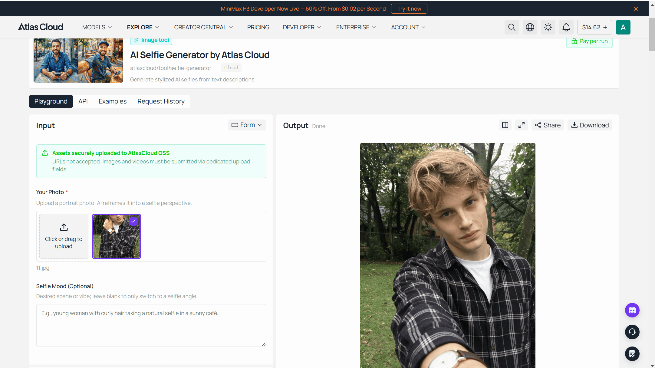 Atlas Cloud free AI selfie generator page after a run, showing the uploaded portrait, the empty mood field and the finished AI Tinder selfie beside a Download button