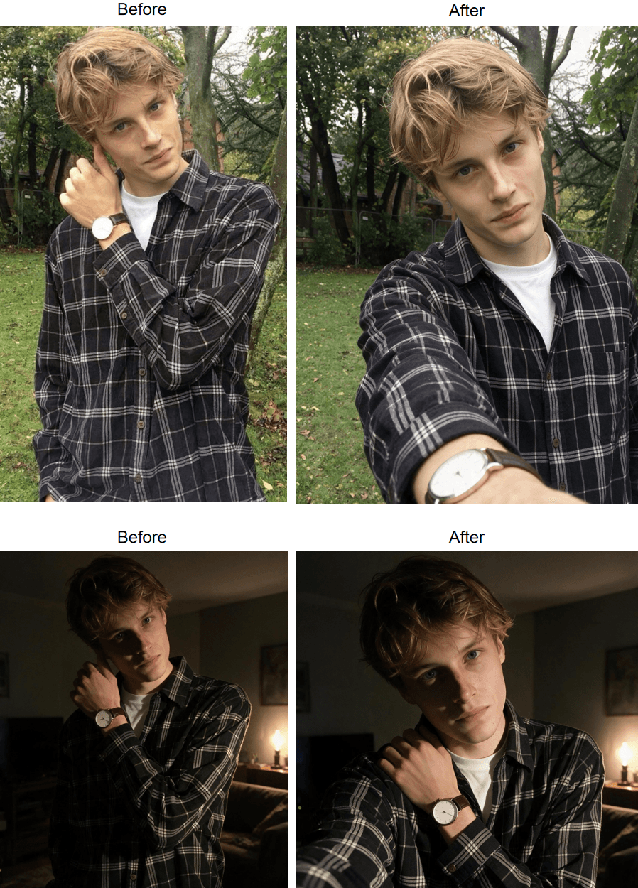 Two before and after pairs from the Atlas Cloud AI selfie generator on the same person in a plaid shirt: the daylight input becomes a bright arm's-length selfie, while the dim indoor input becomes a moody lamp-lit selfie with half the face in shadow, the face intact in both