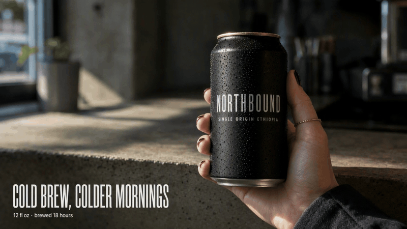 Hand holding a black can of Northbound cold brew coffee