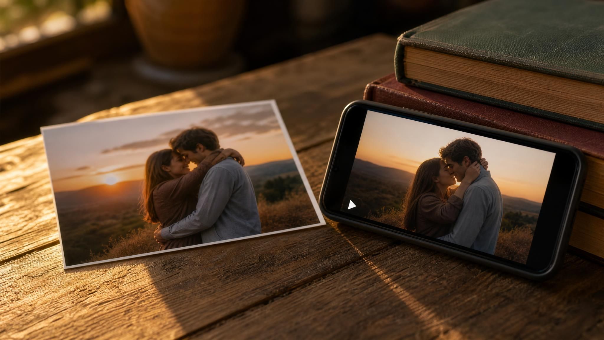 Split image showing a printed couple's photo next to a smartphone playing an AI-generated kissing video of the same couple, illustrating the photo-to-video AI kissing pipeline.