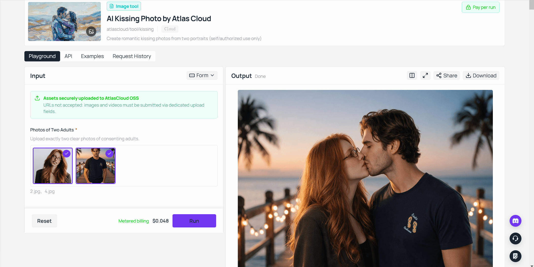 Atlas Cloud AI Kissing Photo playground with two uploaded portraits and the finished kiss photo shown in the output panel.