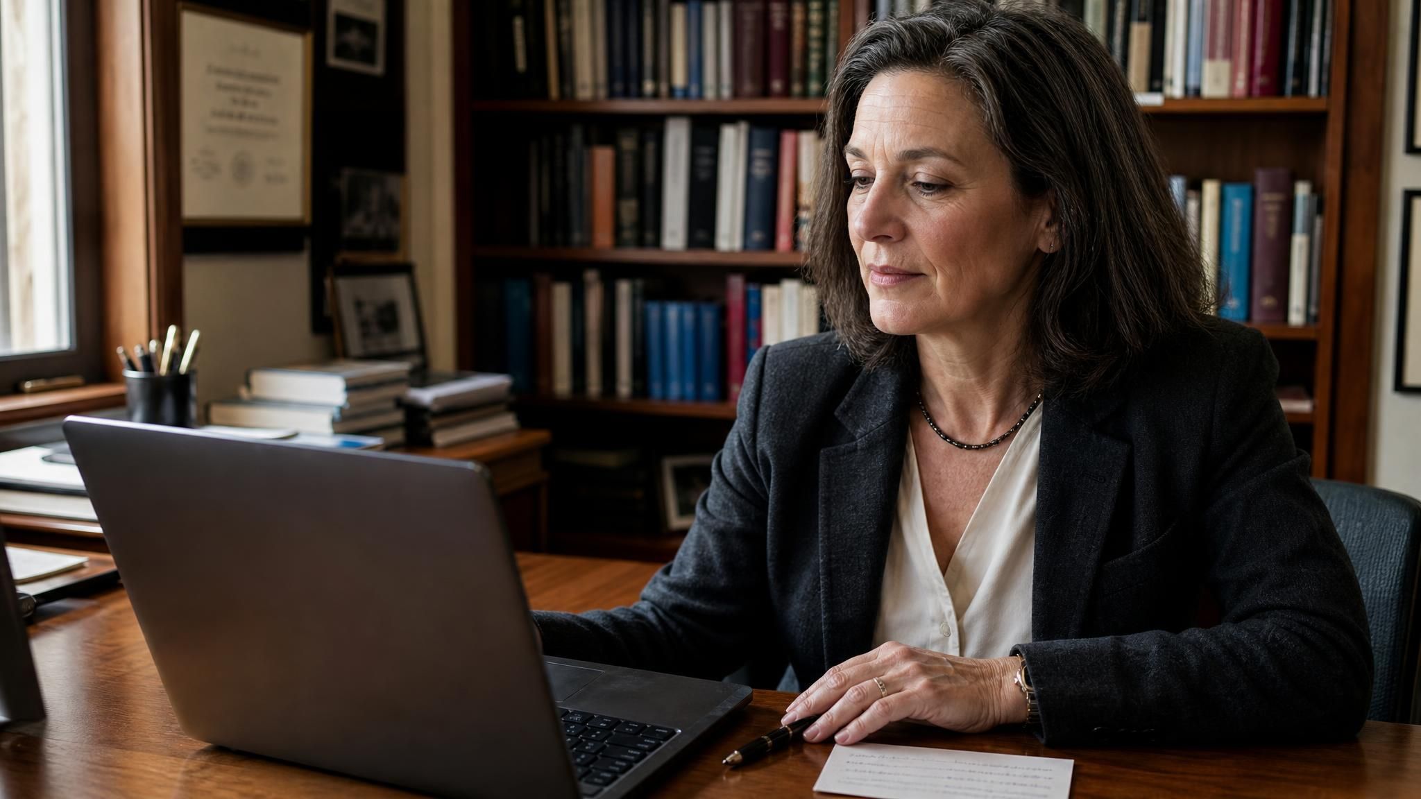 A professor at a wooden desk reads a finished AI letter of recommendation on her laptop, with a fountain pen and a handwritten note card beside it.