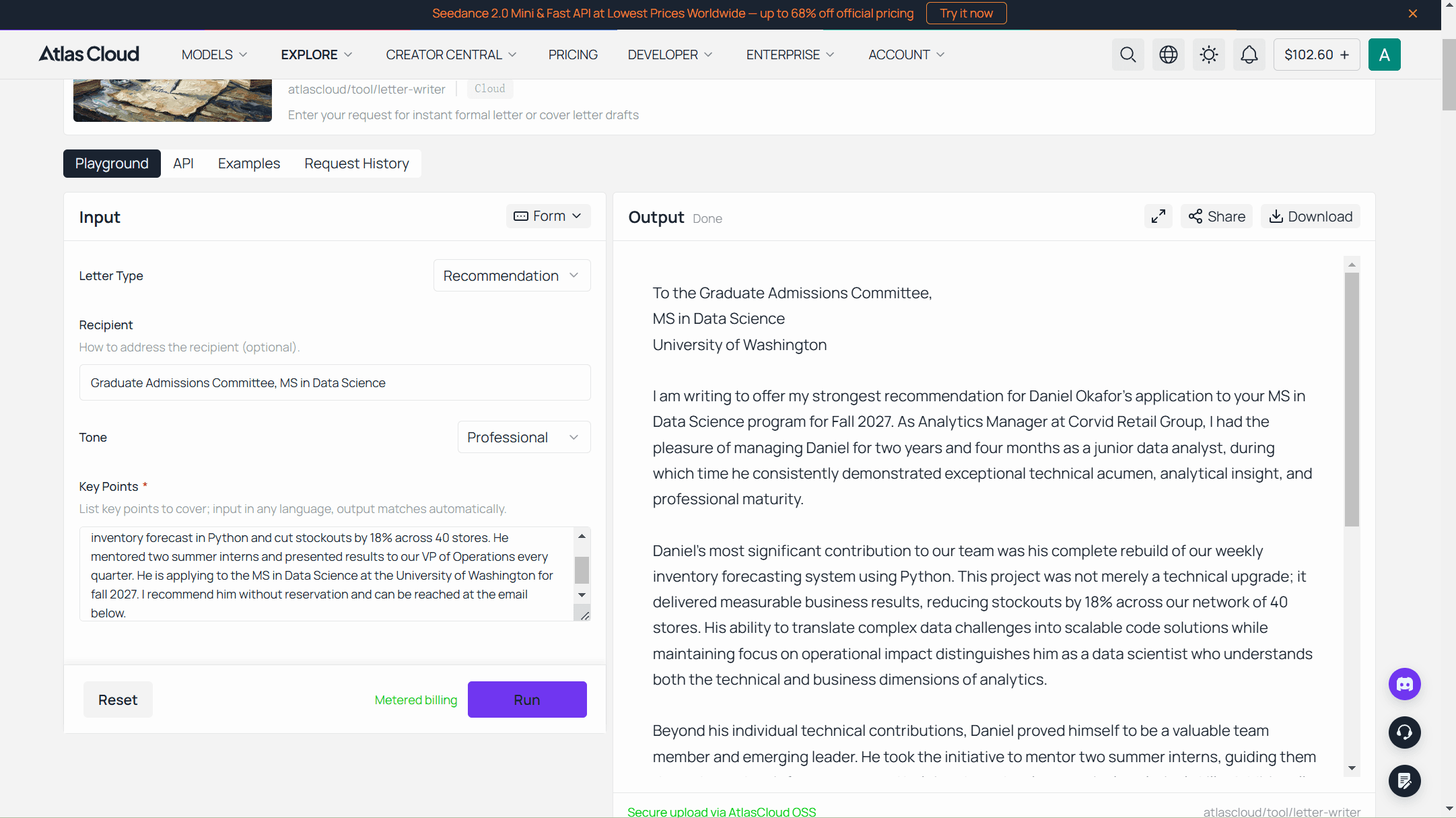 Atlas Cloud Free AI Letter Writer with Recommendation selected, a named admissions committee as recipient, a Professional tone, one paragraph of key points, and the generated AI letter of recommendation shown with greeting, body paragraphs, and sign-off.