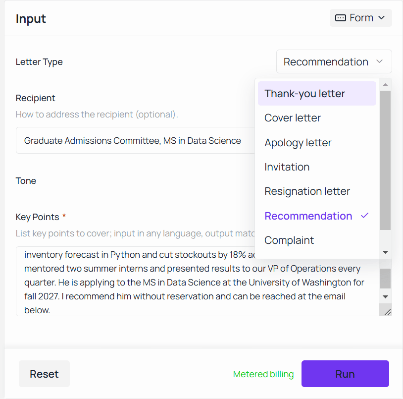 The Letter Type dropdown of the letter of recommendation generator opened to show the available letter types, with Recommendation among them.
