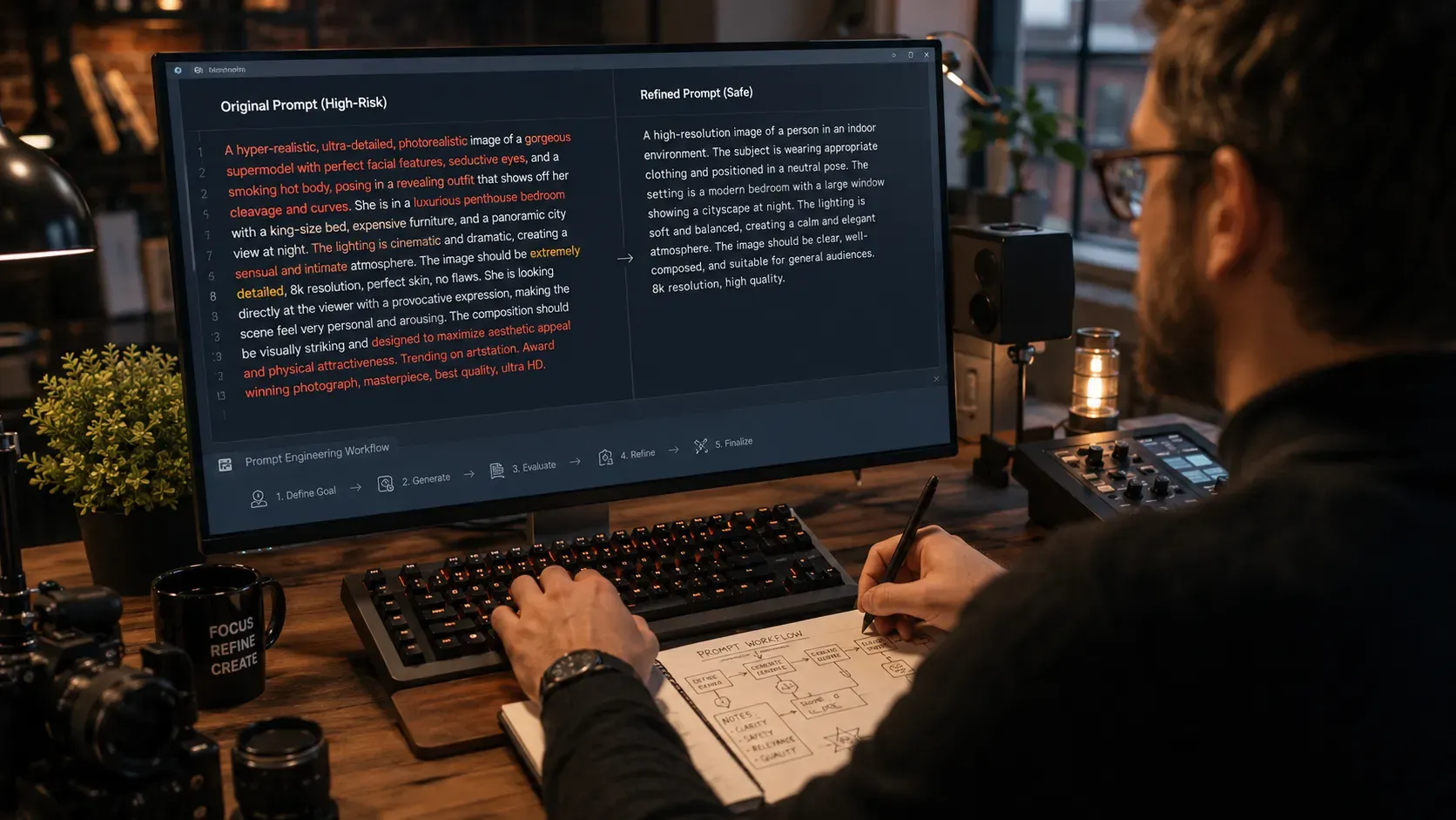Side-by-side comparison of a high-risk AI video prompt versus a refined, safe version on a professional workstation, illustrating a methodical prompt engineering workflow to bypass automated safety filters