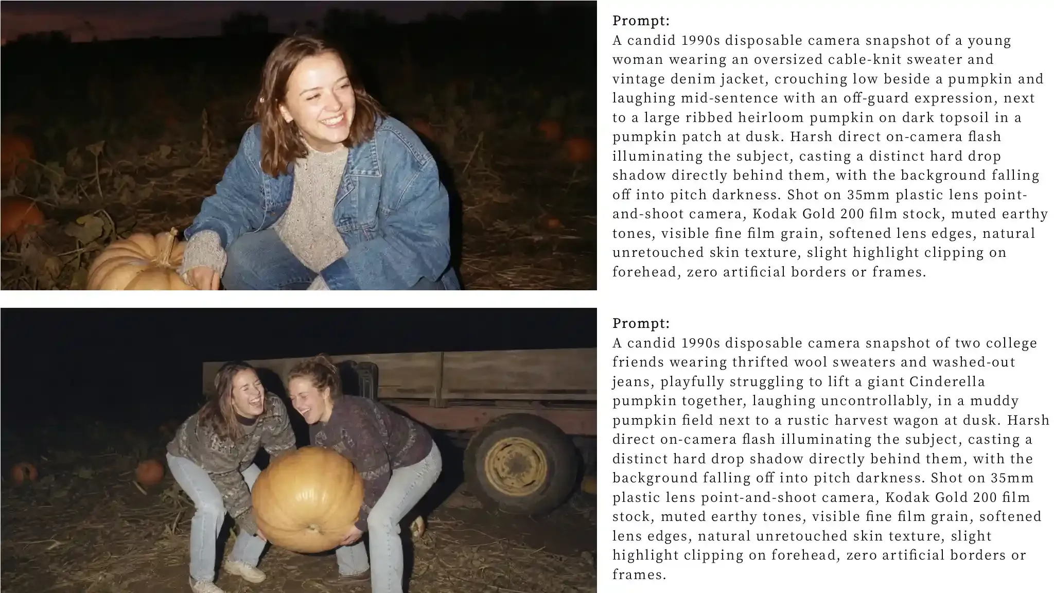 1990s disposable camera flash AI pumpkin patch photoshoot prompt examples and generated vintage snapshots with hard drop shadows