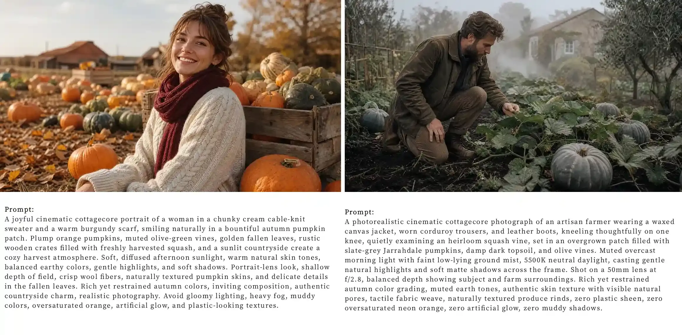 Cinematic cottagecore AI pumpkin patch: a warm sunny knitwear portrait on the left and a desaturated misty overcast harvest scene with slate-grey pumpkins on the right