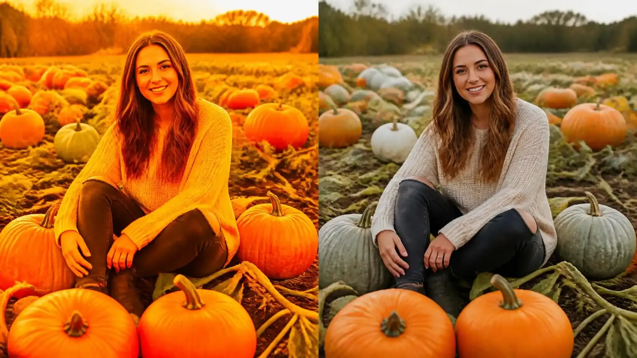 Before and after visual comparison of AI pumpkin patch color bleed showing orange skin cast on the left and corrected natural skin tones using blue Jarrahdale pumpkins on the right