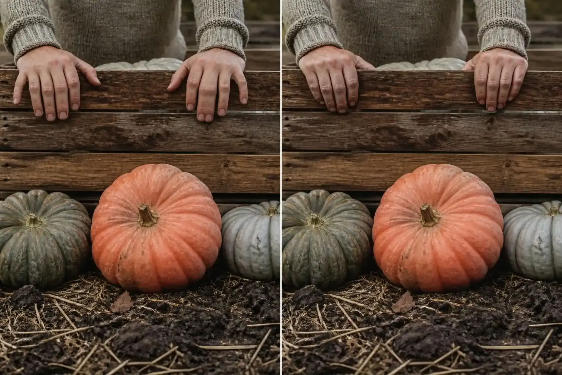 Before-and-after AI pumpkin patch artifact fix: fused hand on the left versus grounded squash and hands gripping a crate on the right