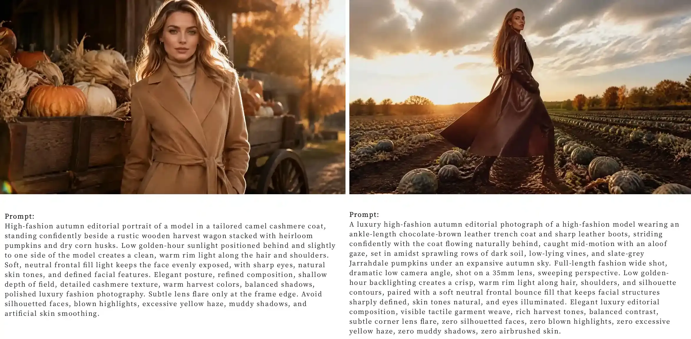 High-fashion autumn editorial: a camel cashmere coat portrait with sunset rim light on the left and a full-length brown leather trench coat walking shot in a pumpkin field on the right