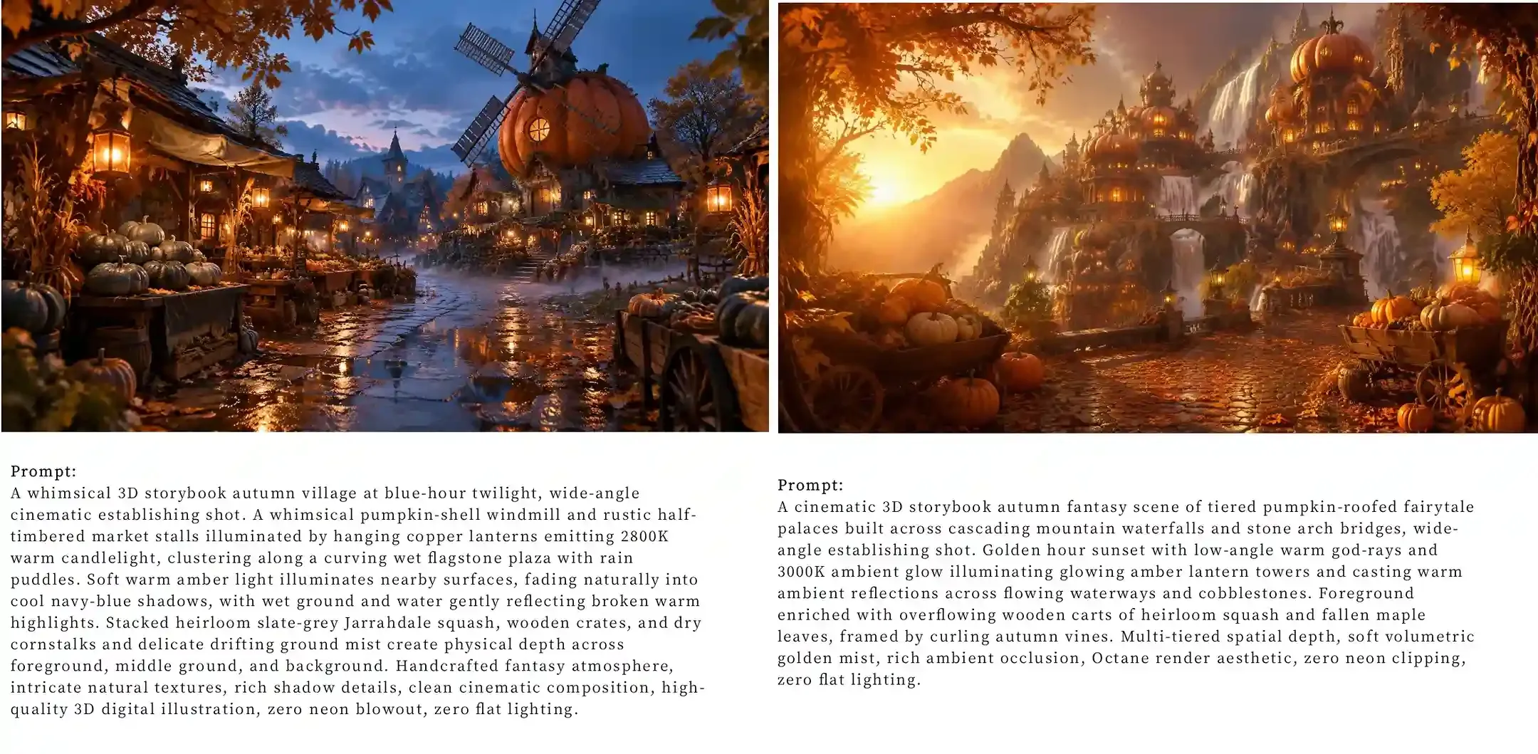3D storybook AI pumpkin patch village prompts and generated fantasy scenes featuring blue-hour twilight with a pumpkin windmill and golden hour waterfall palaces