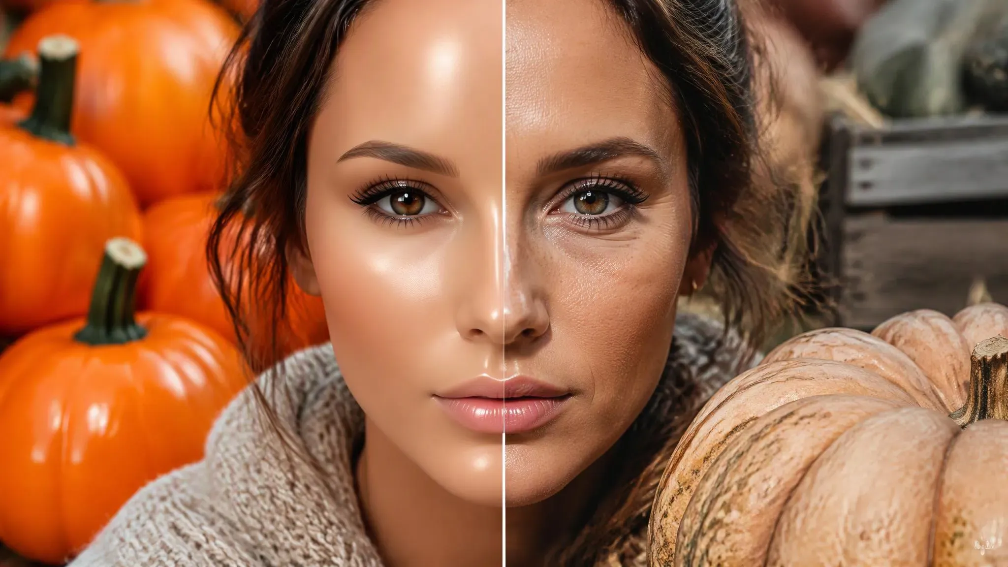 Split-screen comparison of AI portrait skin texture showing waxy airbrushed skin on the left versus realistic pores, fine lines, and natural squash rind on the right