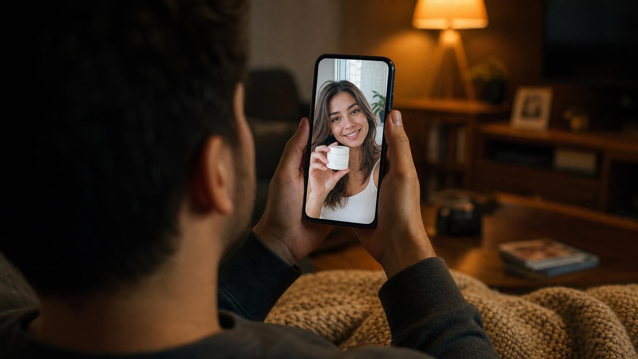 Viewer watching an AI UGC video ad on a phone, with a presenter recommending a skincare product in selfie-style framing.