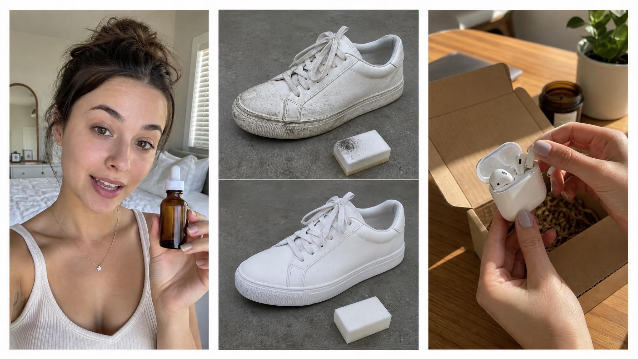 Three AI UGC example formats, creator recommendation, before and after, and unboxing, with the products each works best for.