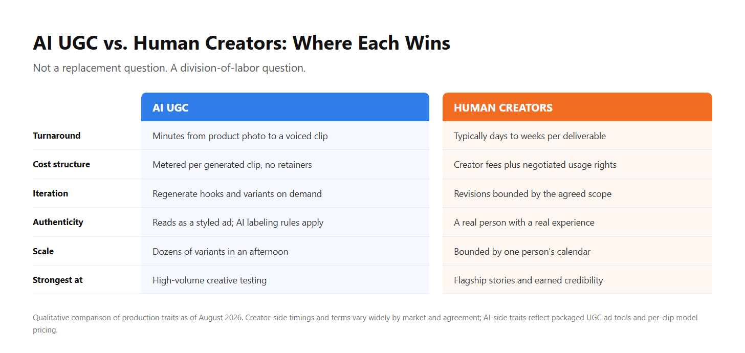 Comparison of AI UGC and human creators across turnaround, cost structure, iteration, authenticity, and scale.