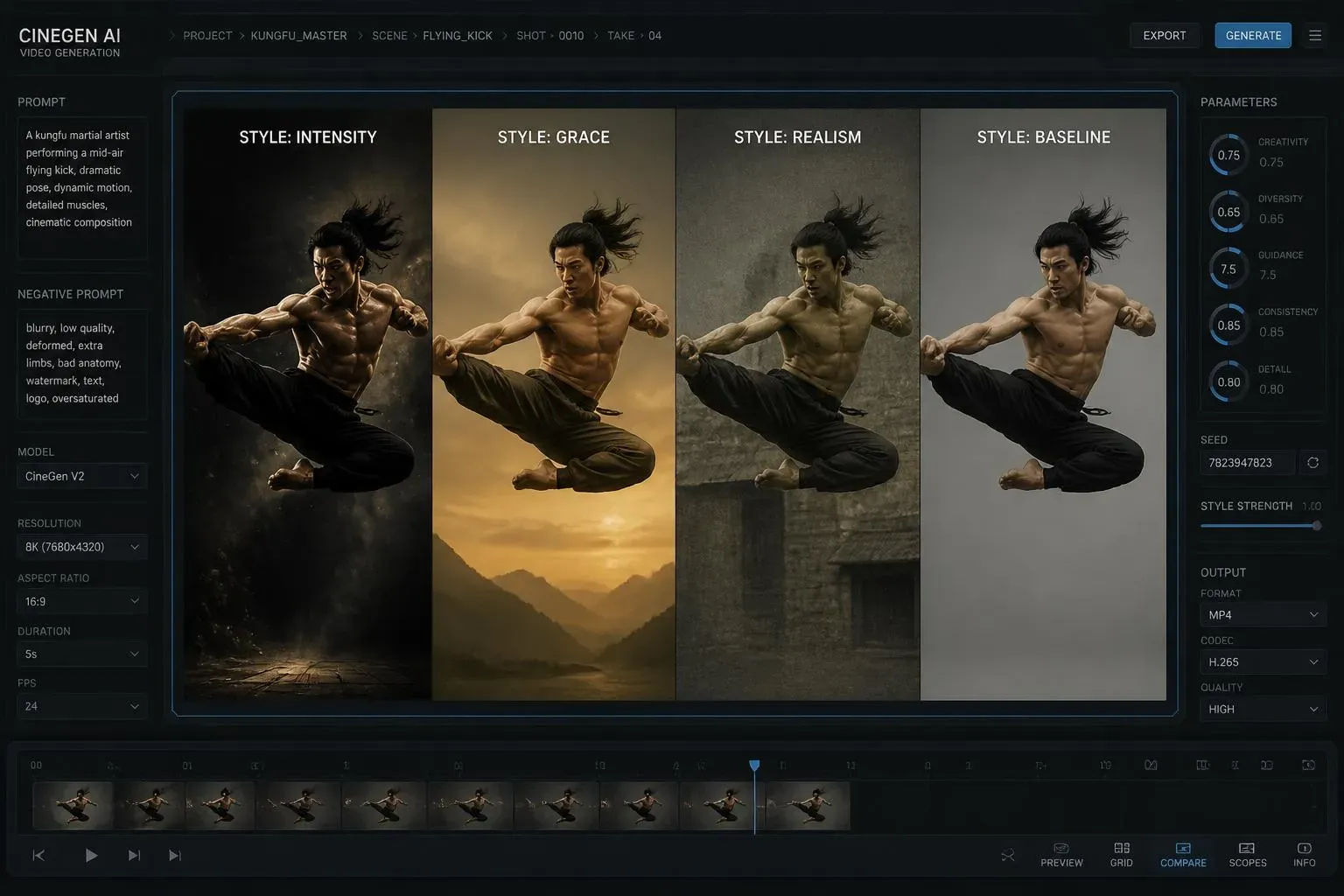 A comparative analysis interface in CineGen AI showcasing four distinct aesthetic styles for a kungfu flying kick: Intensity, Grace, Realism, and Baseline, demonstrating the impact of style parameters on AI video tone and mood