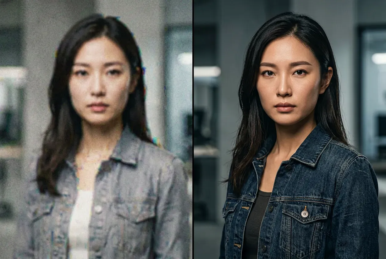 A side-by-side split-screen comparison demonstrating the visual difference between upscaled AI video resolution and native 4K output