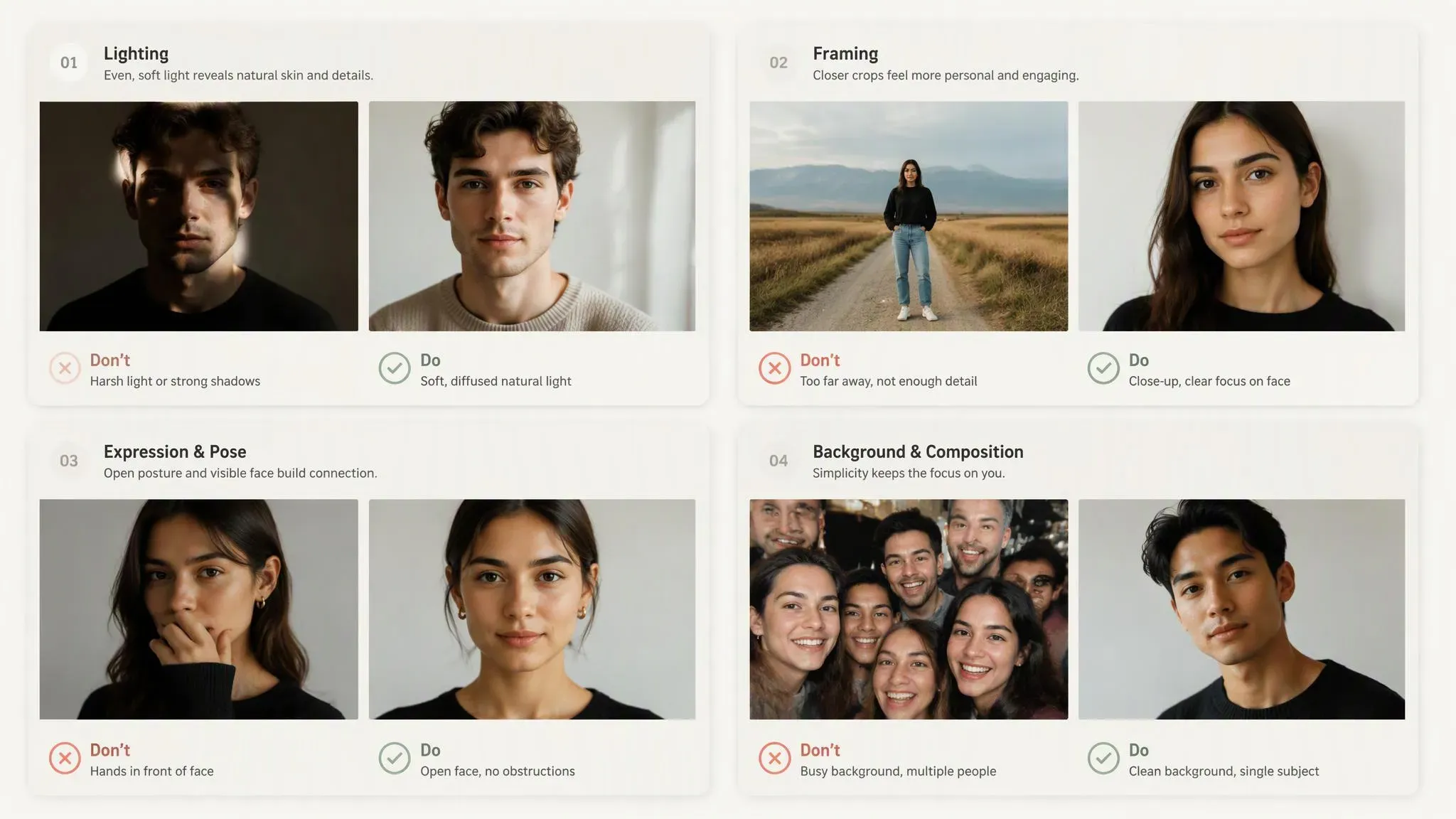 A 4-panel visual comparison guide showing do and don't rules for AI zombie filter source photos