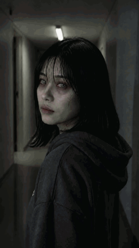 5-second vertical clip generated with Seedance 2.5, showing an AI-zombified woman in a grey hoodie turning around in a dim hallway, forming an eerie upward smile, and stepping toward the camera with cloudy eyes