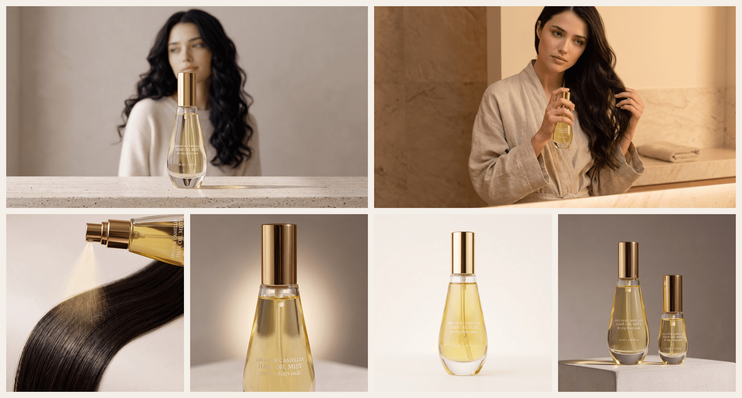 Amazon A+ content examples for one hair oil mist in a teardrop-shaped glass bottle with a gold spray cap: a hero banner with a dark-haired model behind the bottle on a travertine ledge, a bathroom scene of the model holding the bottle and the ends of her hair, a golden mist spraying onto a lock of hair, a close-up of the gold cap and glass shoulder, the bottle upright on warm white, and the 50 ml bottle next to a 15 ml travel size