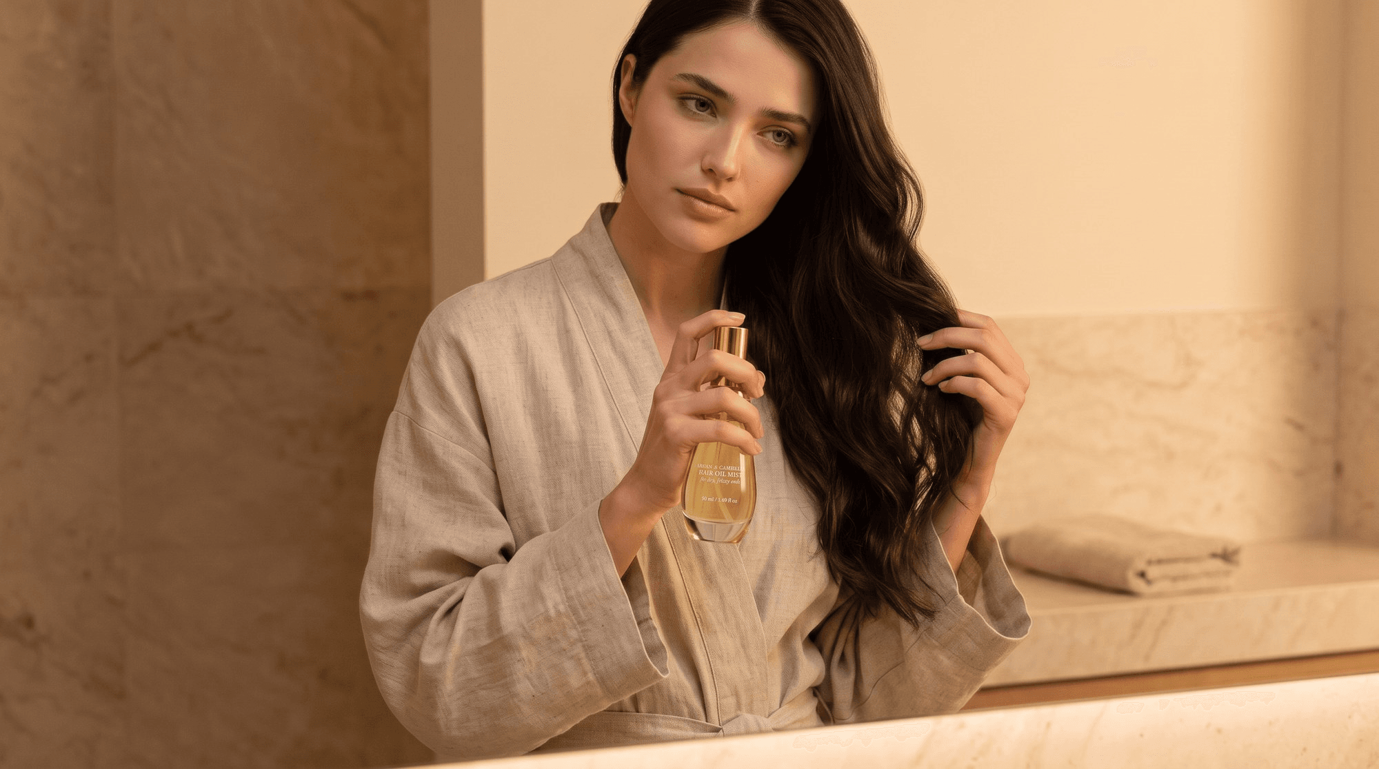 Amazon A+ lifestyle scene example: a dark-haired model in an oatmeal linen robe at a marble bathroom vanity in warm lamplight, holding the gold-capped hair oil mist bottle in one hand and the ends of her long hair in the other, with a folded towel on the counter behind her
