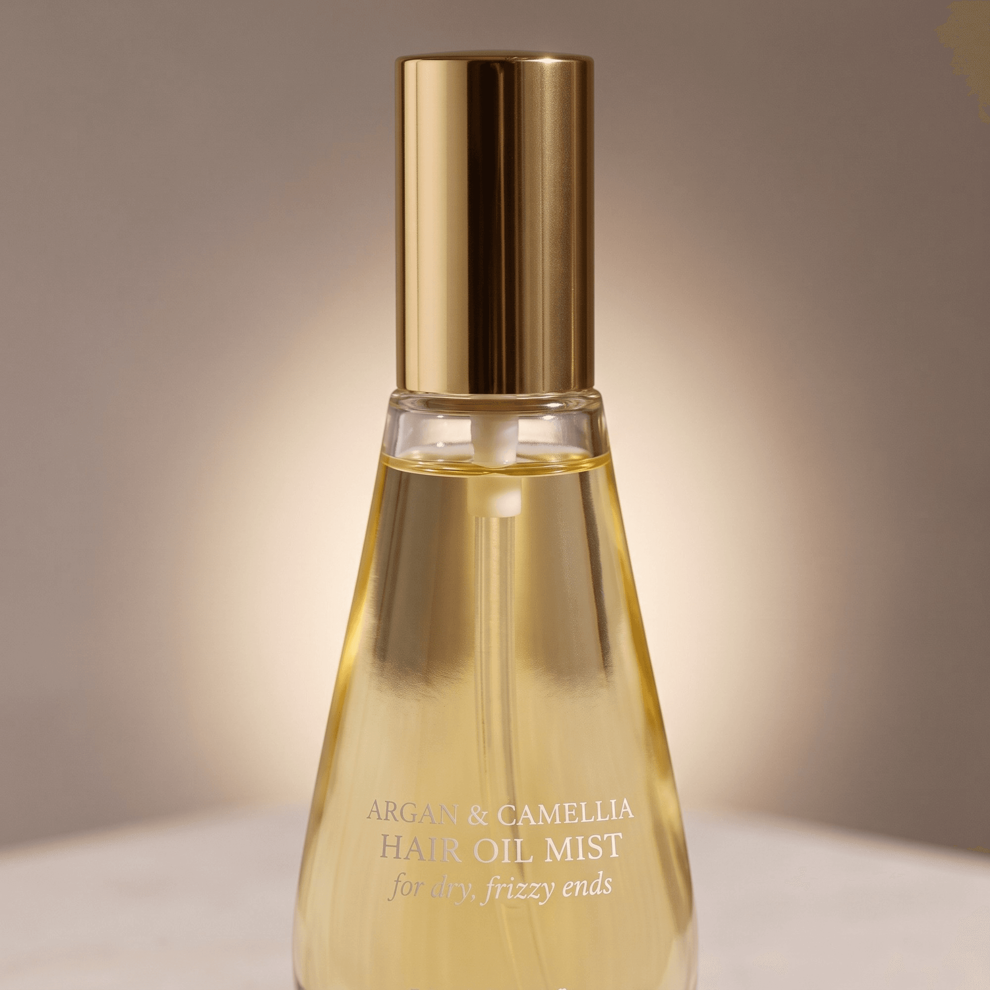 Amazon A+ detail module example: a close-up of a polished gold spray cap and the curved shoulder of a clear glass bottle printed with white text, with warm backlight glowing through the golden oil