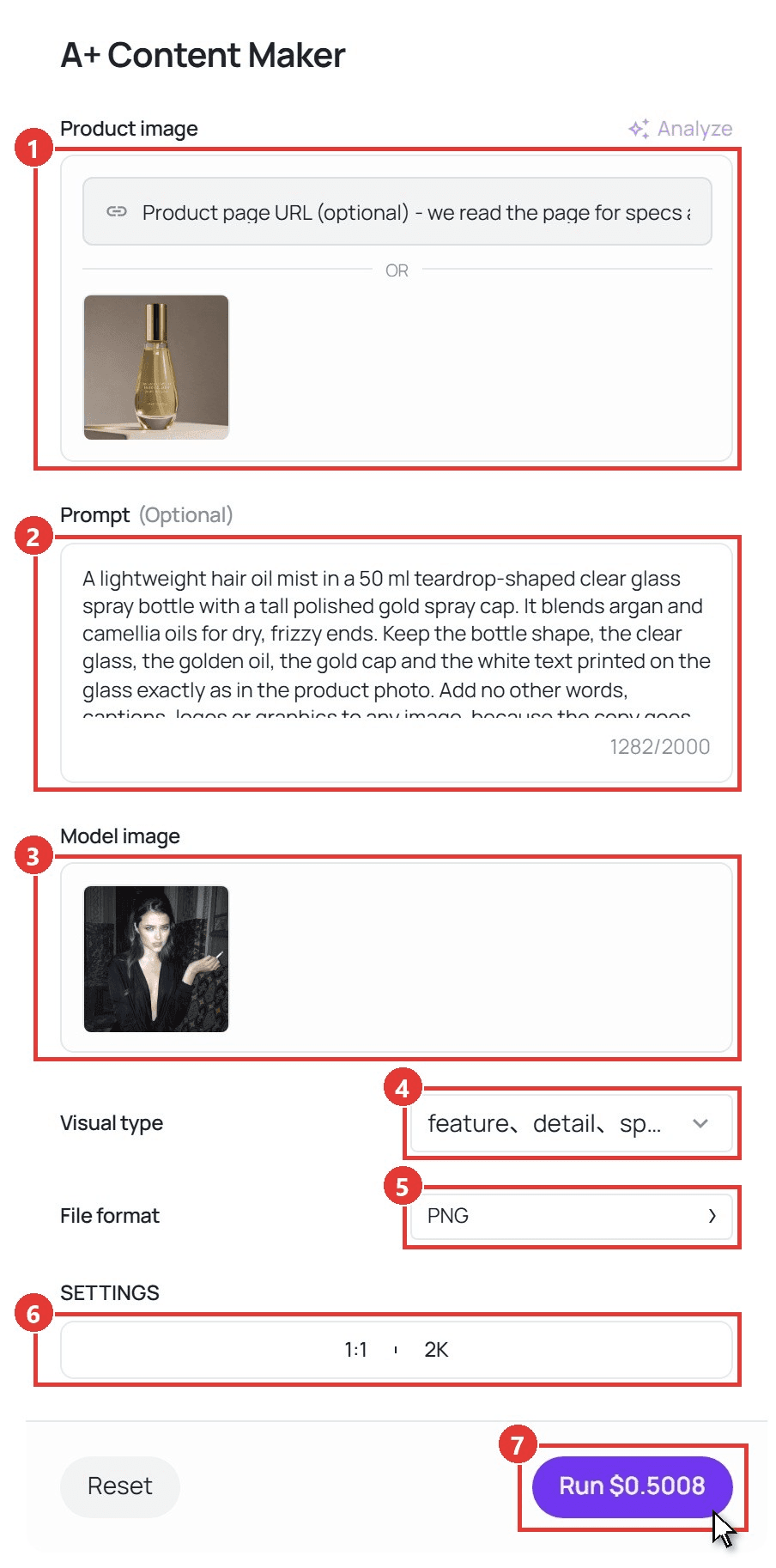 A+ Content Maker workflow on Atlas Cloud with numbered red boxes on Product image, Prompt, Model image, Visual type set to feature, detail and spec, File format PNG and SETTINGS at 1:1 and 2K, and the cursor on the Run button