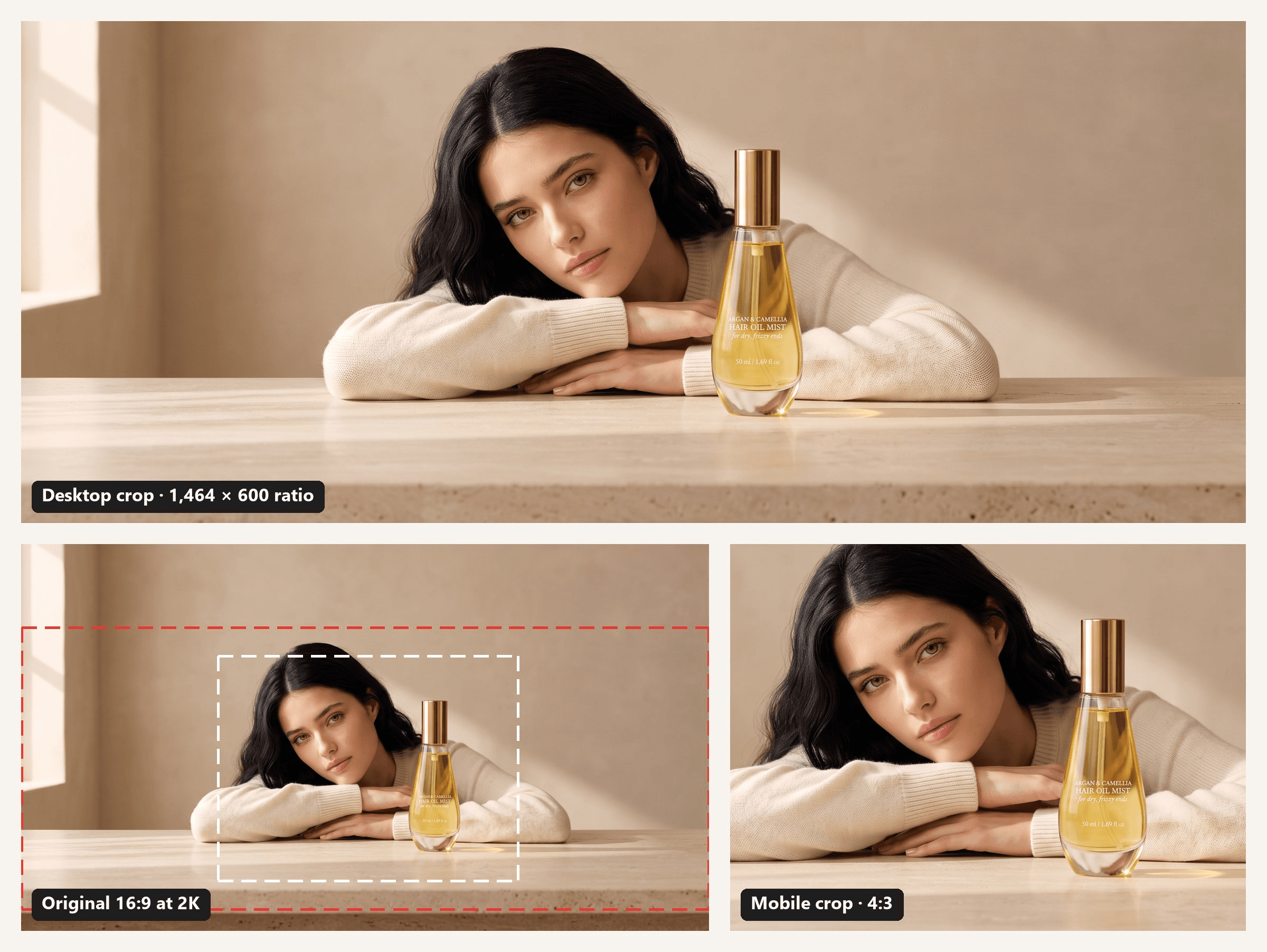 Amazon Premium A+ content example for a full-width banner: one 16:9 image of a dark-haired model resting her folded arms on a travertine ledge beside a gold-capped hair oil mist bottle, cut into a wide desktop strip at the 1,464 by 600 ratio and a 4:3 mobile crop, with both crop frames marked on the original