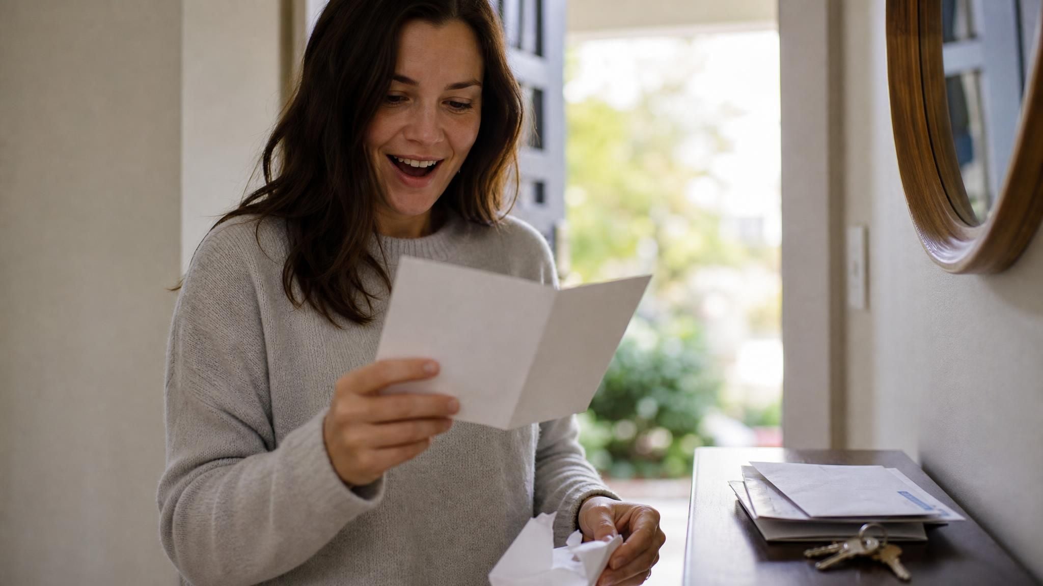 Overhead-Flat-Lay eines Schreibtischs mit vier Dankeskarten in verschiedenen Stadien des Handschreibens, einem aufgestellten Telefon mit einer kurzen KI-generierten Dankesnachricht, einem Füllfederhalter, Geschenkband und einer Tasse Kaffee.